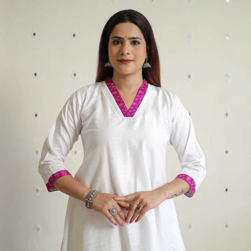 White - Plain Solid Slub Silk A-Line Long Kurta 12