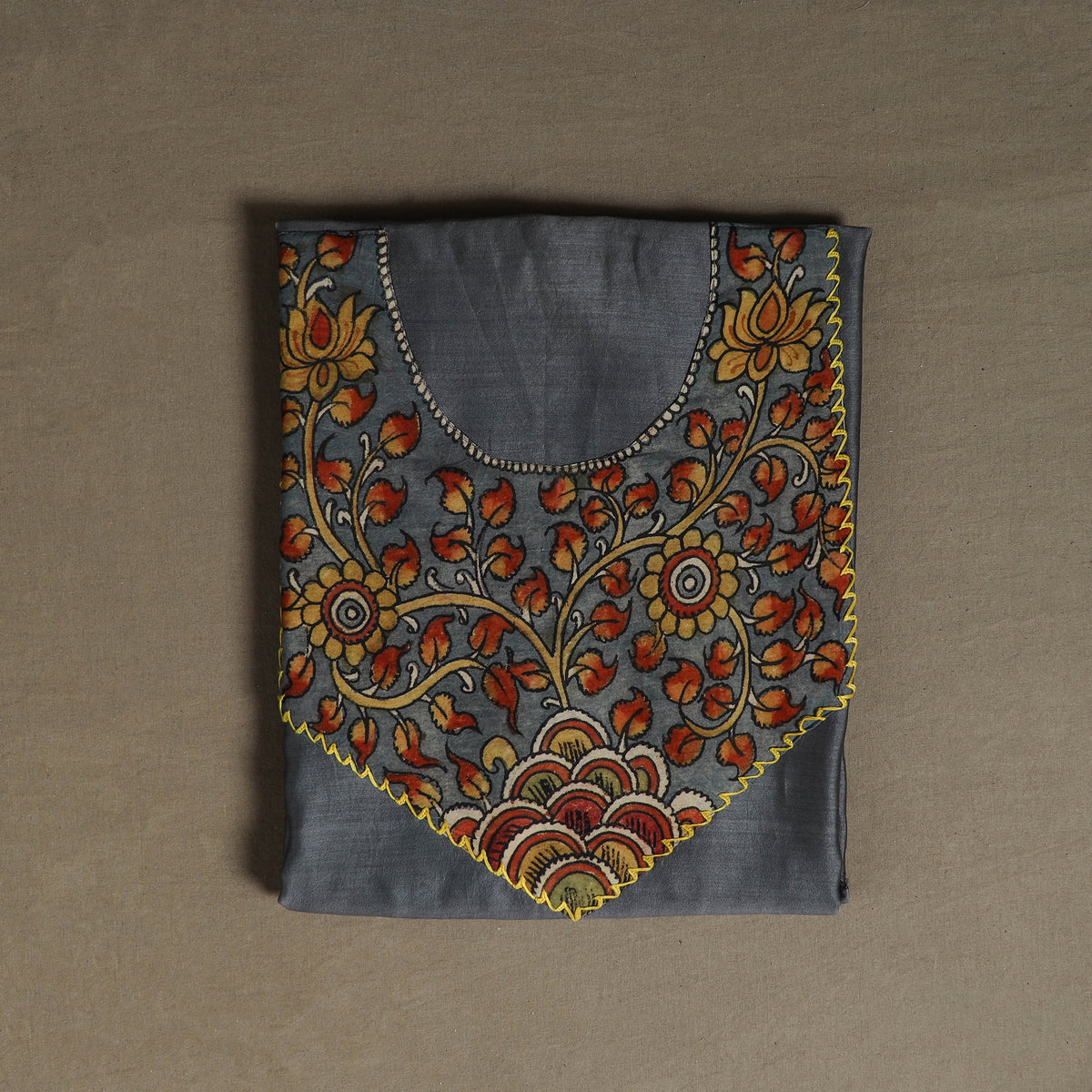 Grey - Handpainted Srikalahasti Handloom Chanderi Silk Unstitched Kurta (2.3M) 26