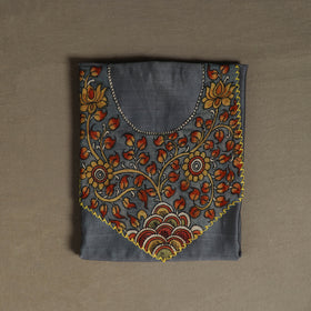 Grey - Handpainted Srikalahasti Handloom Chanderi Silk Unstitched Kurta (2.3M) 26