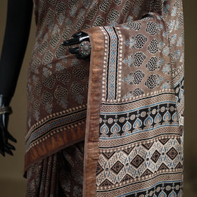 Ajrakh Hand Block Print Natural Dyed Zari Border Chanderi Silk Saree 13