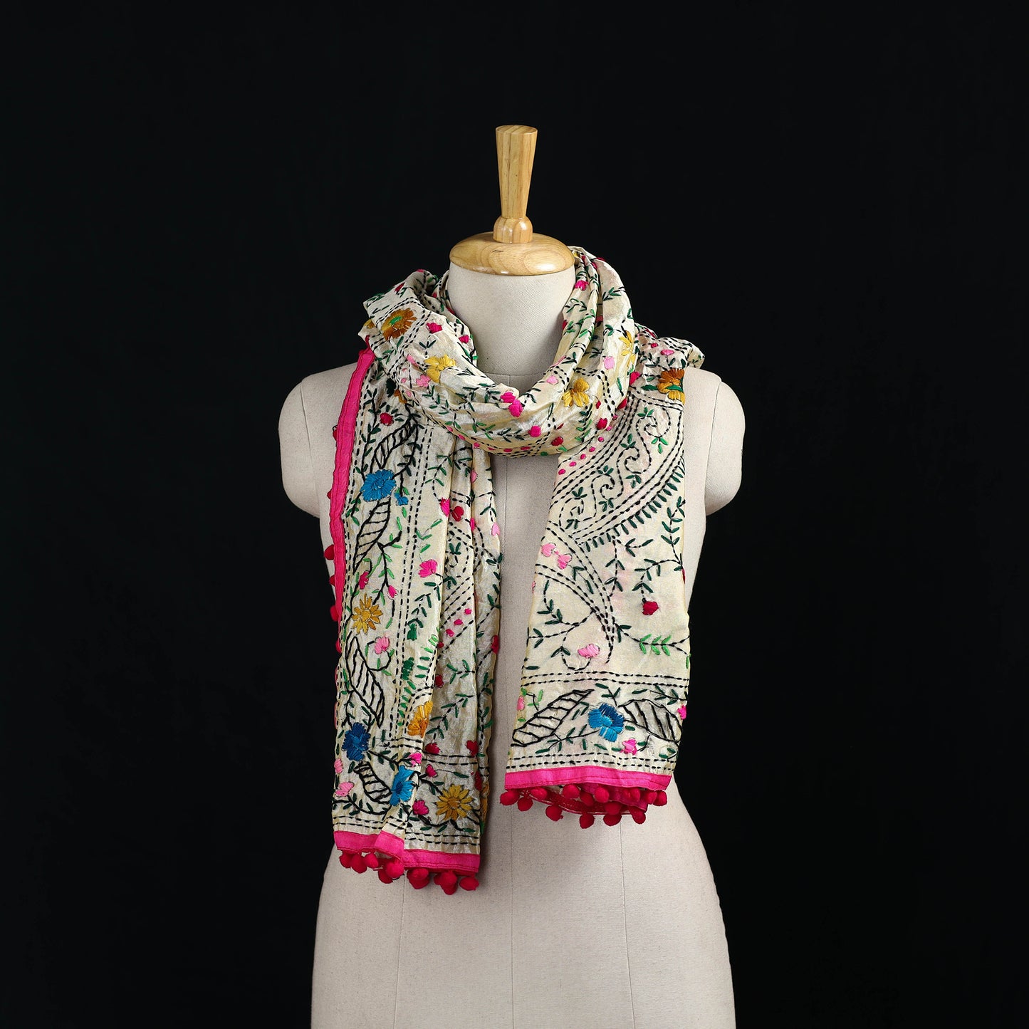 Ranihati Chanderi Silk Hand Embroidered Stole with Pom Pom 279