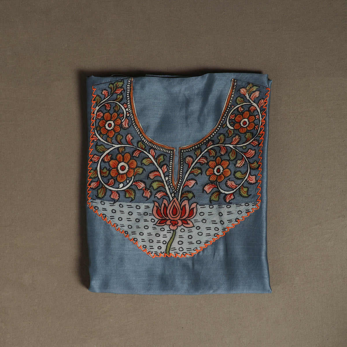 Blue - Handpainted Srikalahasti Handloom Chanderi Silk Unstitched Kurta (2.3M) 25