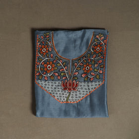 Blue - Handpainted Srikalahasti Handloom Chanderi Silk Unstitched Kurta (2.3M) 25