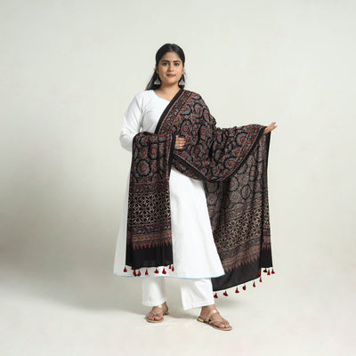 Black - Block Printed Cotton Ajrakh Dupatta with Tassels 07