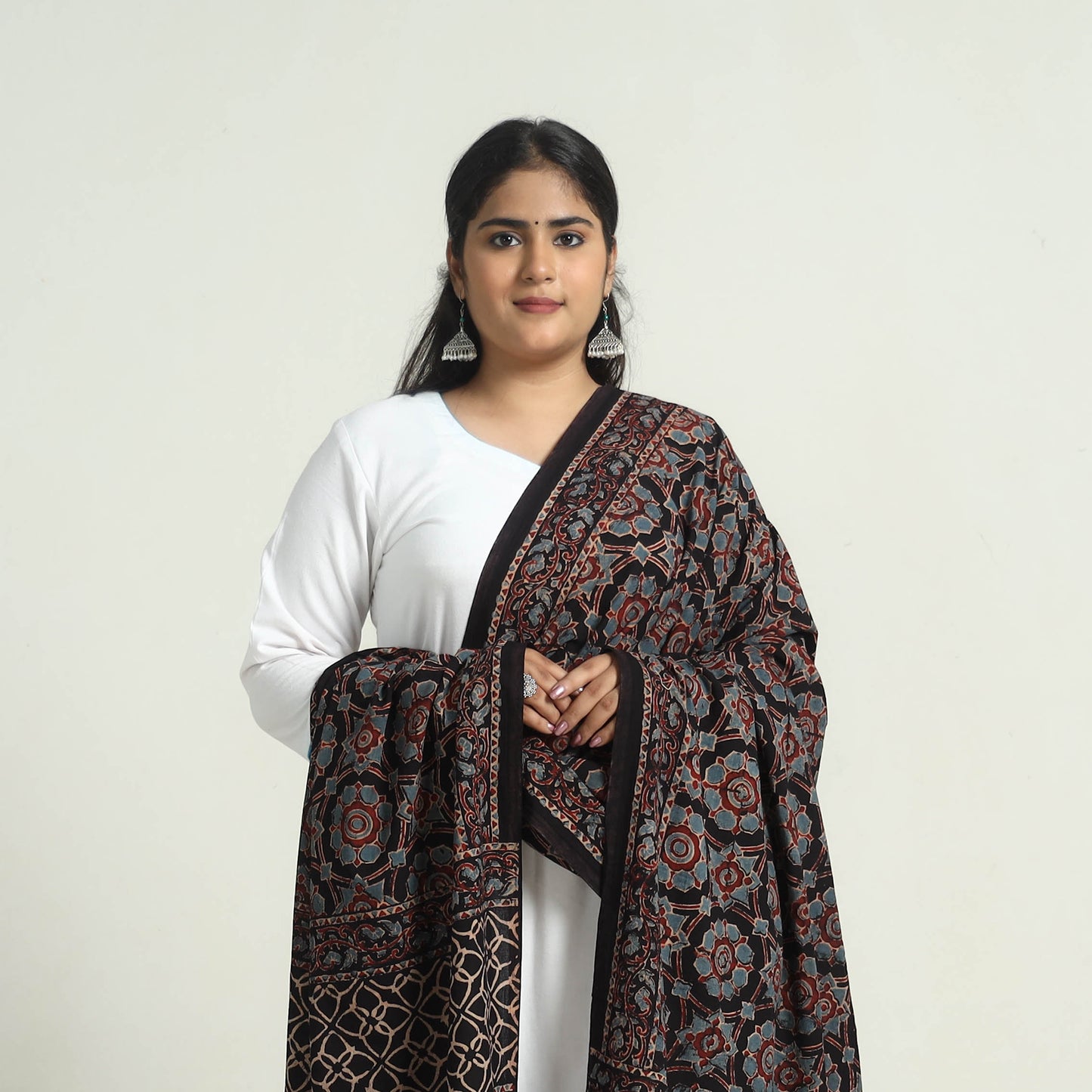 Black - Block Printed Cotton Ajrakh Dupatta with Tassels 07