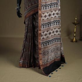 Ajrakh Hand Block Print Natural Dyed Zari Border Chanderi Silk Saree 13