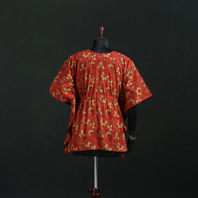 Red - Pipad Hand Block Print Natural Dyed Cotton Kaftan (Short) 40
