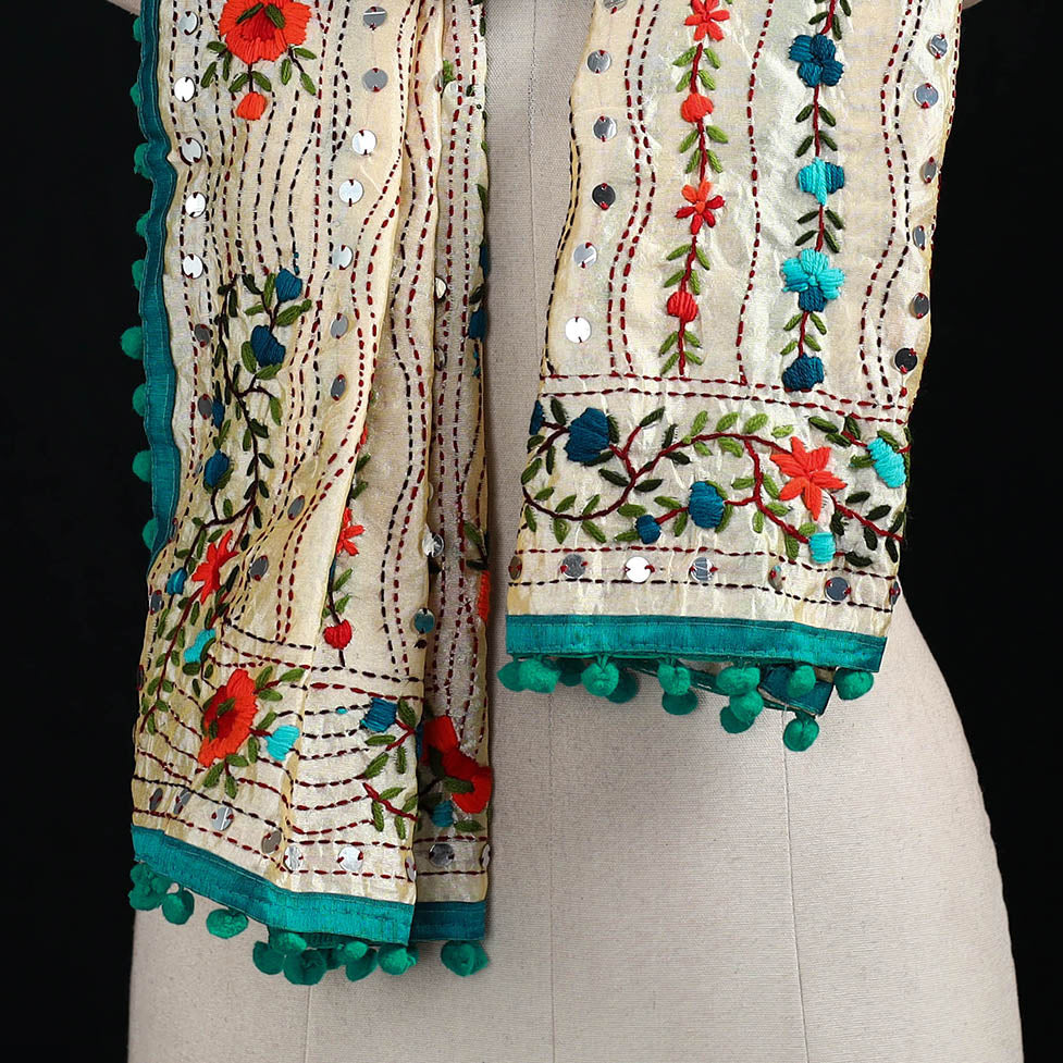 Ranihati Chanderi Silk Hand Embroidered Stole with Pom Pom 281
