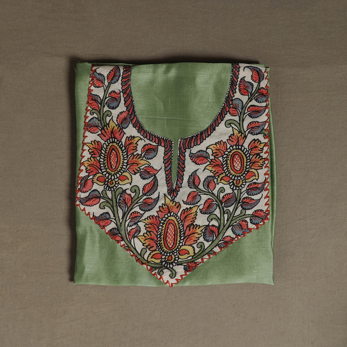 Green - Handpainted Srikalahasti Handloom Chanderi Silk Unstitched Kurta (2.3M) 23
