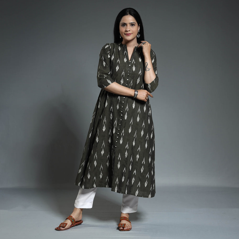 Black - Pochampally Ikat Weave Cotton Long Kurta