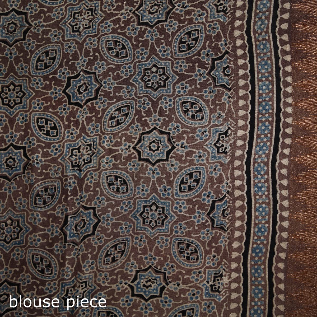 Ajrakh Hand Block Print Natural Dyed Zari Border Chanderi Silk Saree 13