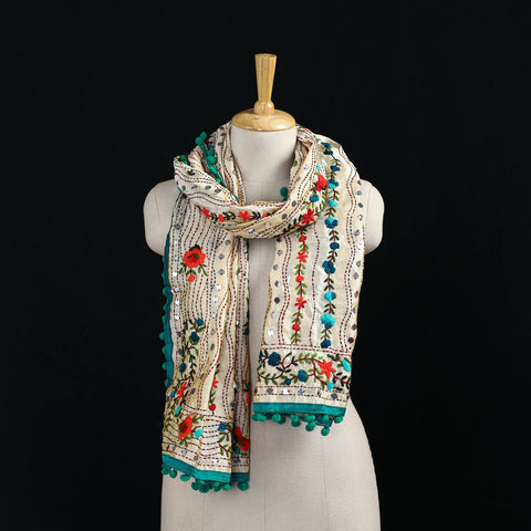 Ranihati Chanderi Silk Hand Embroidered Stole with Pom Pom 281