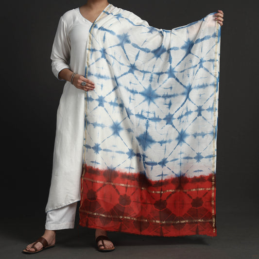 Blue - Exclusive!! Handloom Shibori Tie-Dye Chanderi Silk Dupatta with Zari Border