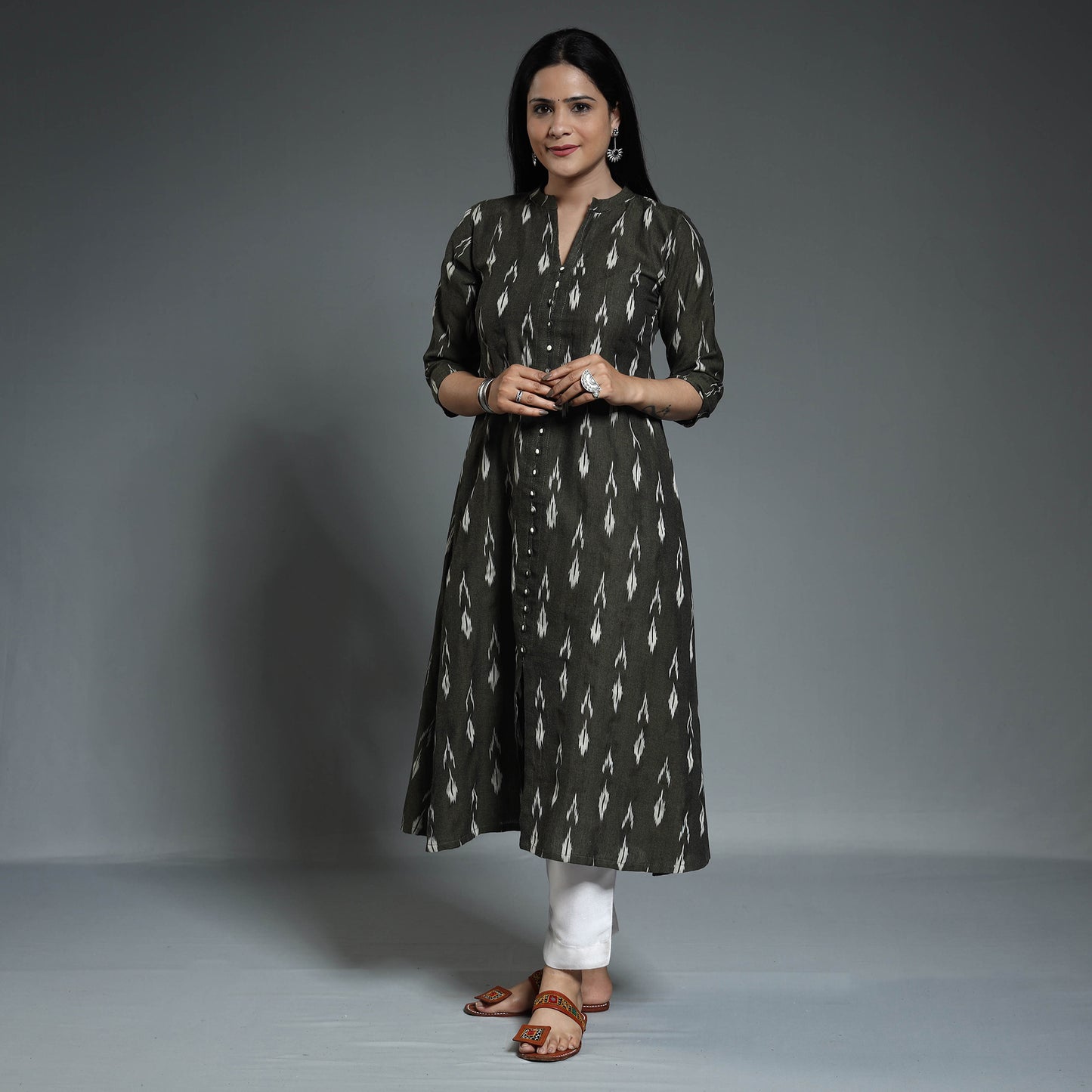 Black - Pochampally Ikat Weave Cotton Long Kurta