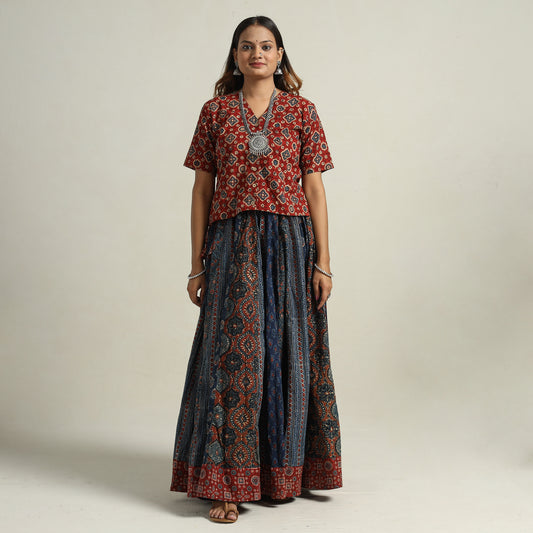 Ajrakh Block Printed 24 Kali Patchwork Cotton Long Skirt 56
