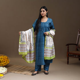 Buy Blue Bhagalpuri Handloom Desi Tussar Silk Kurta Set