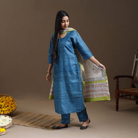 Buy Blue Bhagalpuri Handloom Desi Tussar Silk Kurta Set