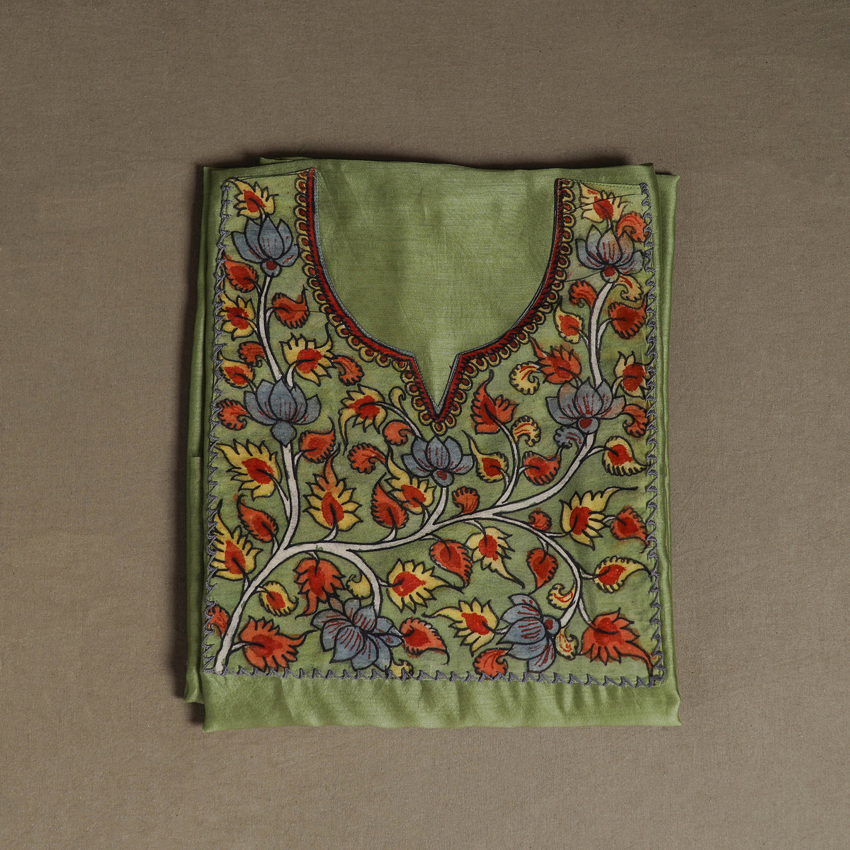 Green - Handpainted Srikalahasti Handloom Chanderi Silk Unstitched Kurta (2.3M) 22