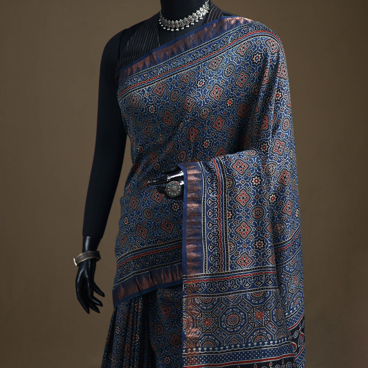 Ajrakh Hand Block Print Natural Dyed Zari Border Chanderi Silk Saree 14