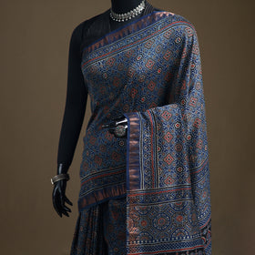 Ajrakh Hand Block Print Natural Dyed Zari Border Chanderi Silk Saree 14