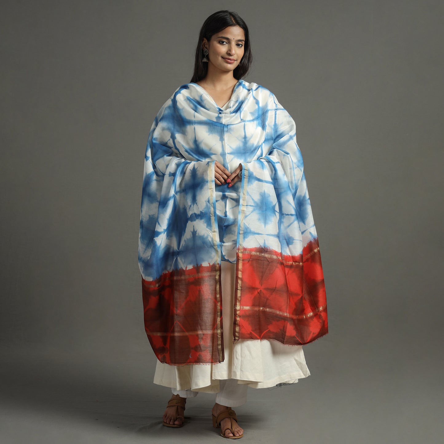 Blue - Shibori Tie-Dye Handloom Chanderi Silk Dupatta with Zari Border 75