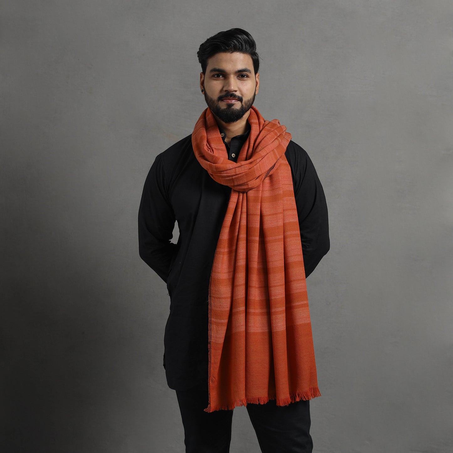 Orange - Kumaun Handwoven Pure Merino Wool Shawl for Men 98