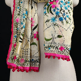 Ranihati Chanderi Silk Hand Embroidered Stole with Pom Pom 283