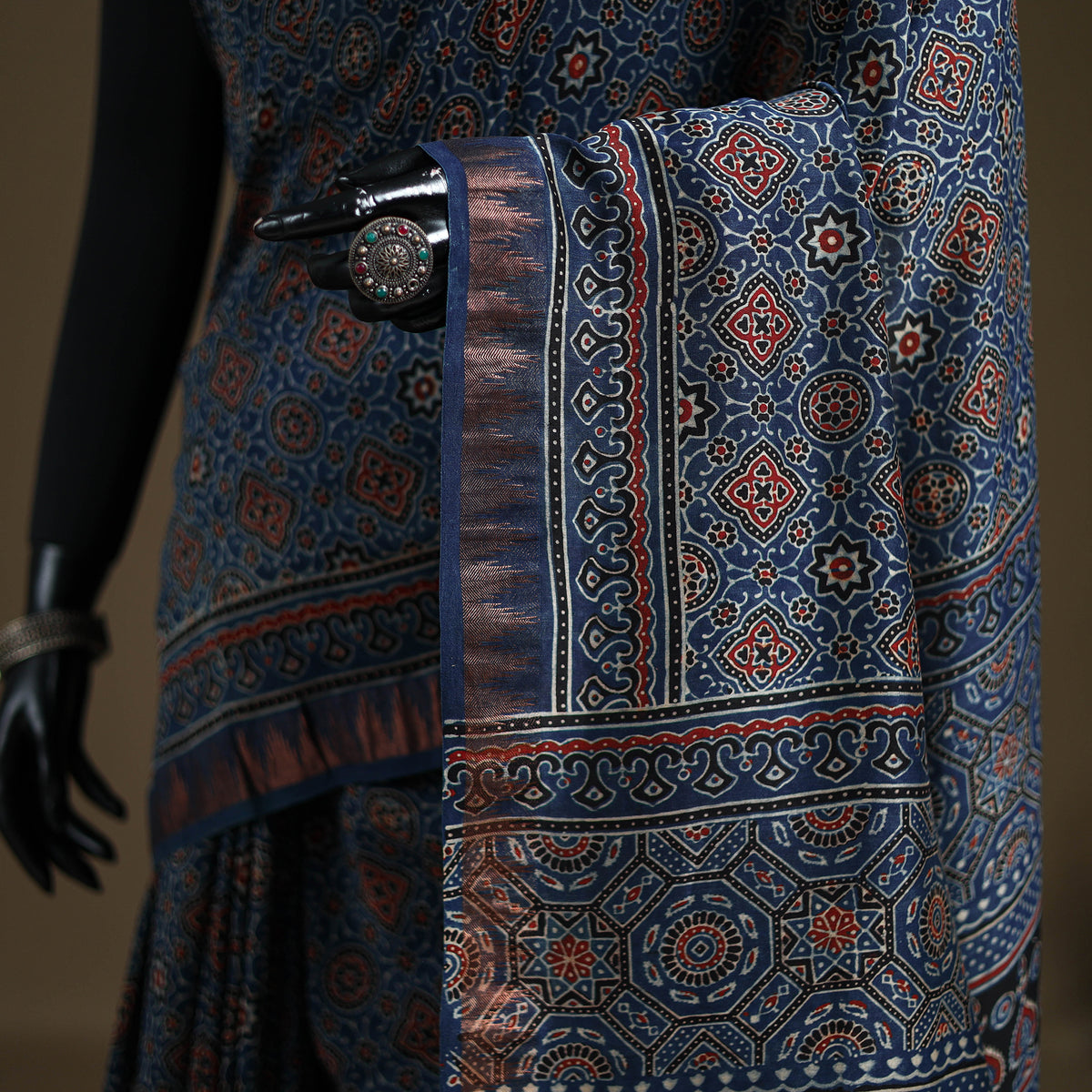 Ajrakh Hand Block Print Natural Dyed Zari Border Chanderi Silk Saree 14