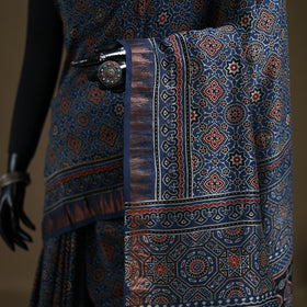 Ajrakh Hand Block Print Natural Dyed Zari Border Chanderi Silk Saree 14