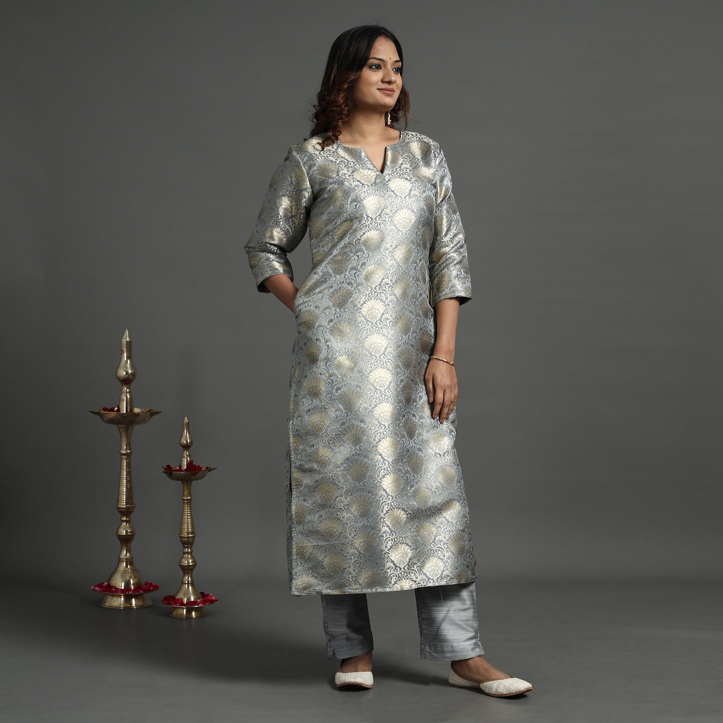 Grey - Elegant Banarasi Brocade Silk Kurta with Pant Set