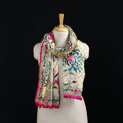 Ranihati Chanderi Silk Hand Embroidered Stole with Pom Pom 283