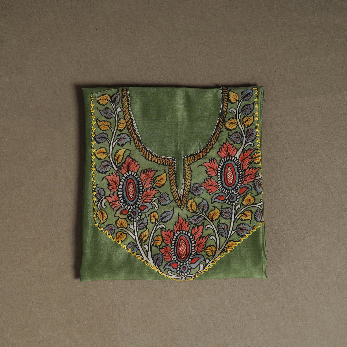 Green - Handpainted Srikalahasti Handloom Chanderi Silk Unstitched Kurta (2.3M) 21