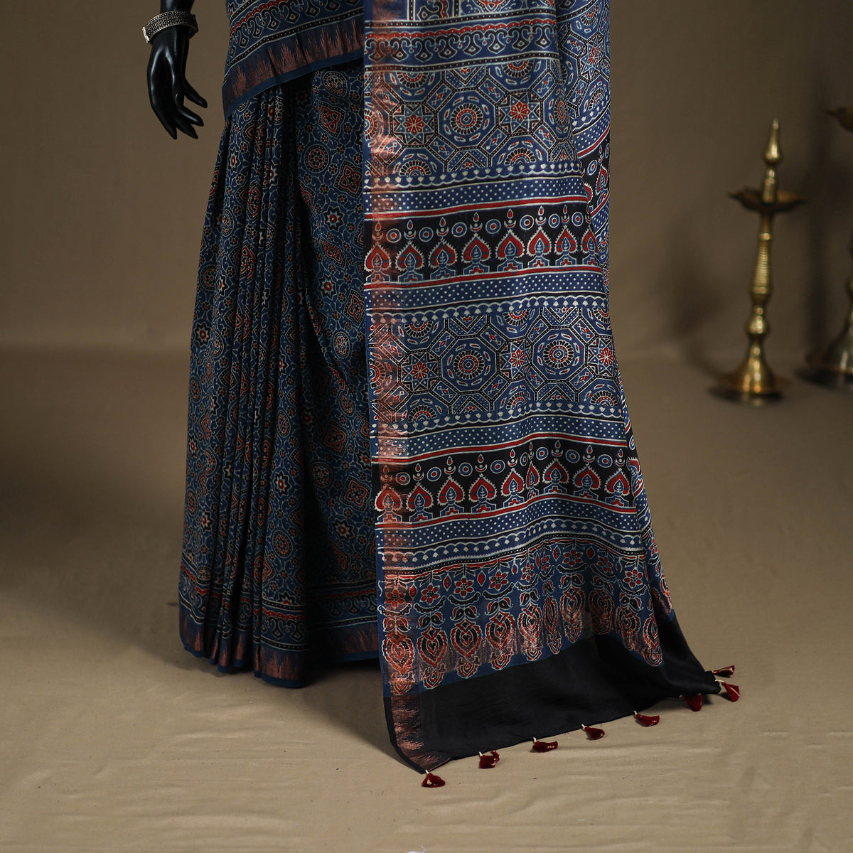 Ajrakh Hand Block Print Natural Dyed Zari Border Chanderi Silk Saree 14