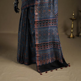 Ajrakh Hand Block Print Natural Dyed Zari Border Chanderi Silk Saree 14