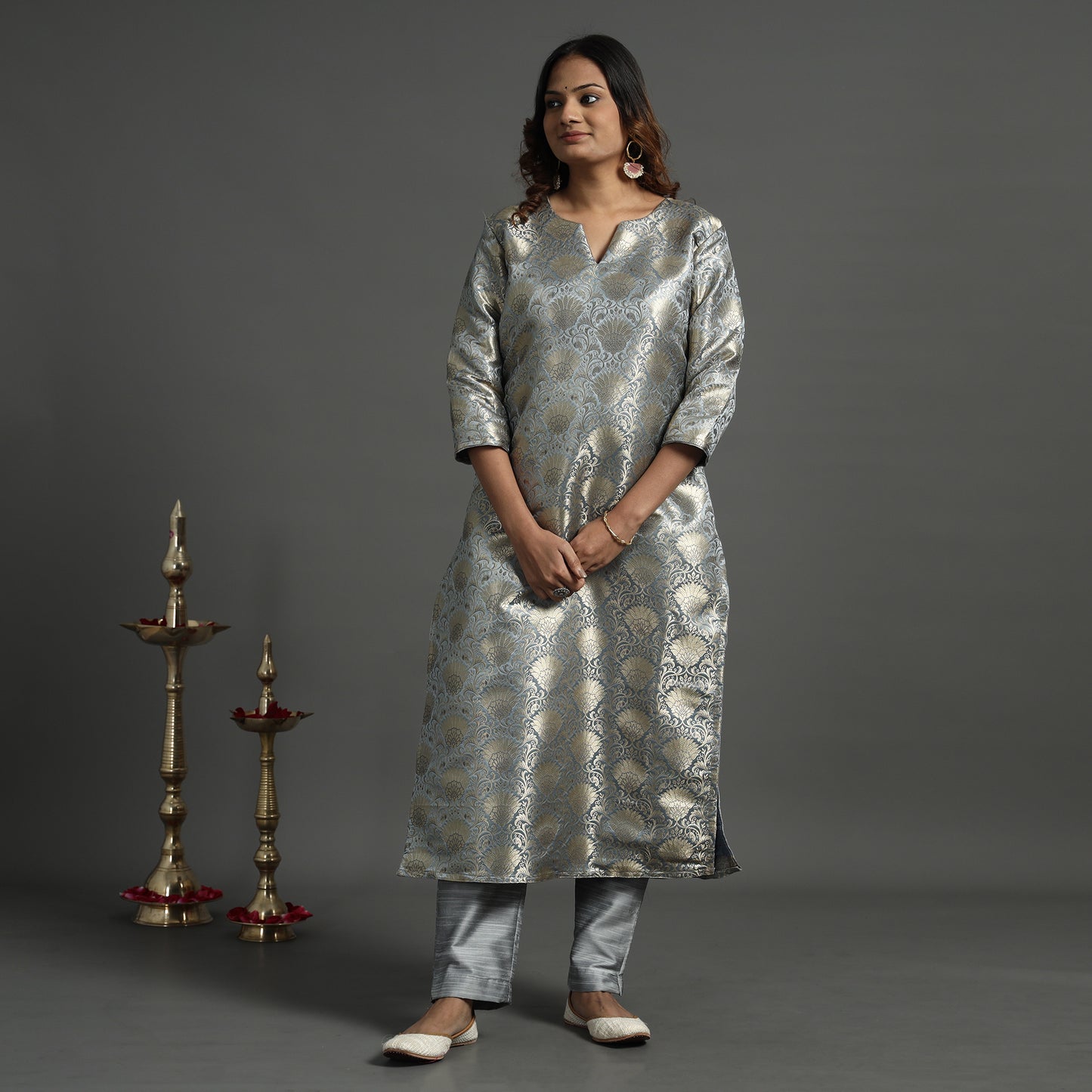 Grey - Elegant Banarasi Brocade Silk Kurta with Pant Set