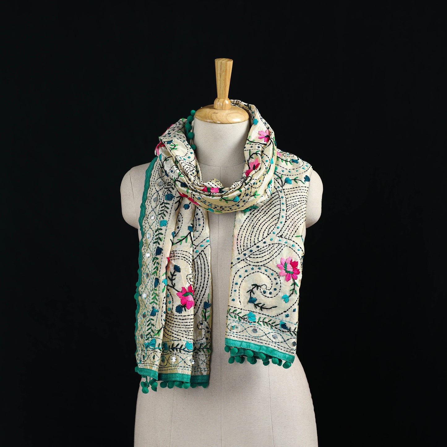 Ranihati Chanderi Silk Hand Embroidered Stole with Pom Pom 284