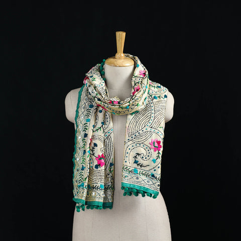 Ranihati Chanderi Silk Hand Embroidered Stole with Pom Pom 284