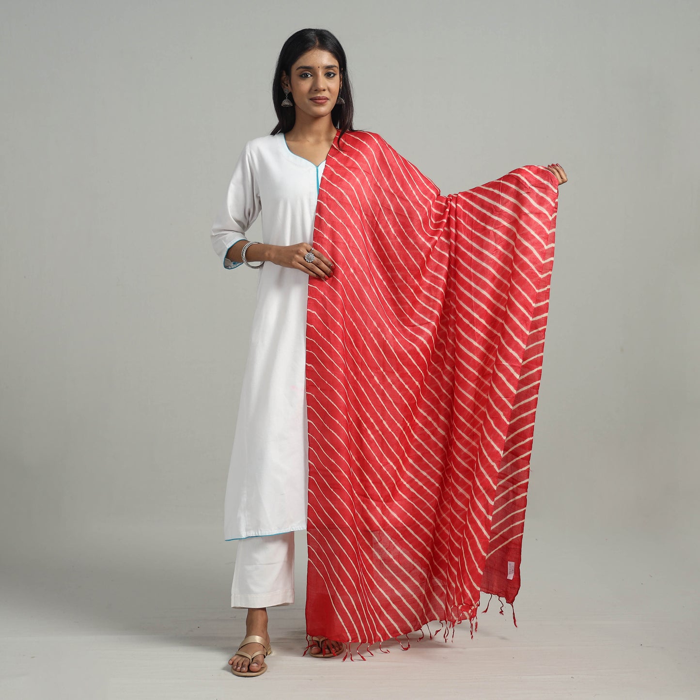 Red - Tie & Dye Handloom Tussar Silk Leheriya Dupatta 12