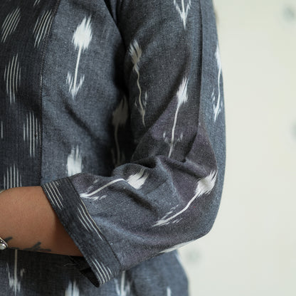 Grey - Pochampally Ikat Weave Cotton Long Straight Kurta