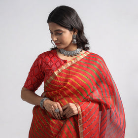  Red Leheriya Tie-Dye Kota Doria Silk Saree Online