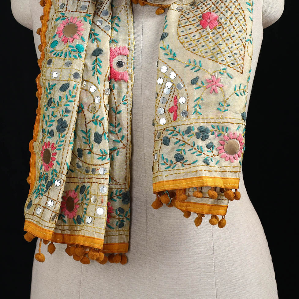 Ranihati Chanderi Silk Hand Embroidered Stole with Pom Pom 285