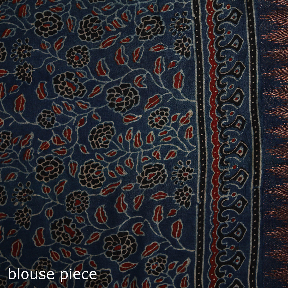 Ajrakh Hand Block Print Natural Dyed Zari Border Chanderi Silk Saree 14