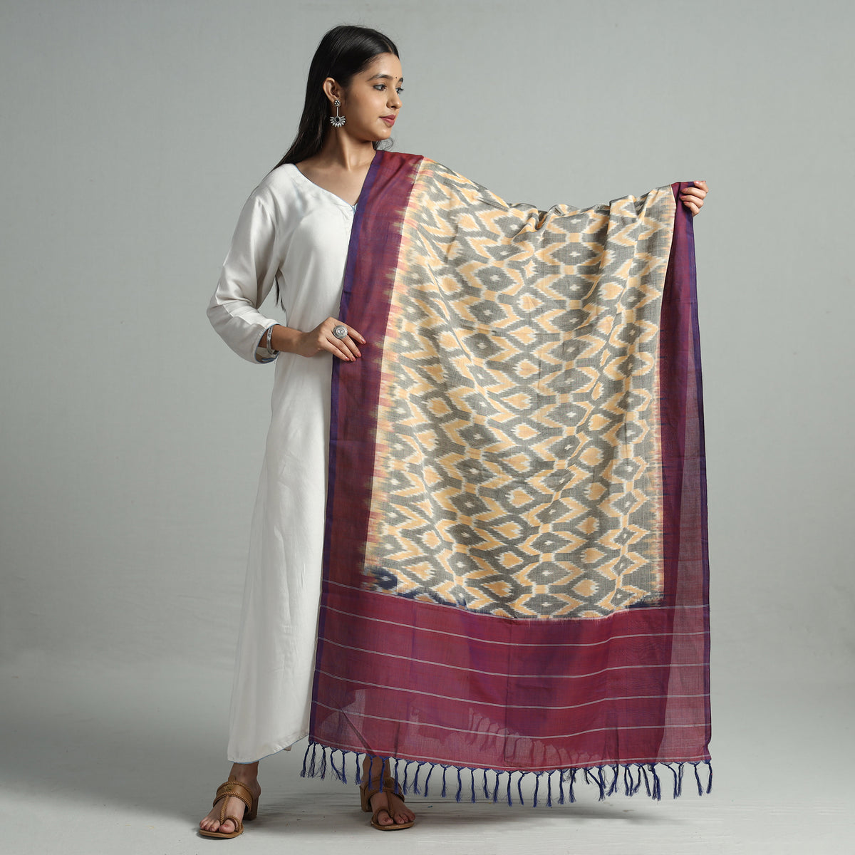 Yellow - Pochampally Ikat Handloom Cotton Dupatta with Tassels 20