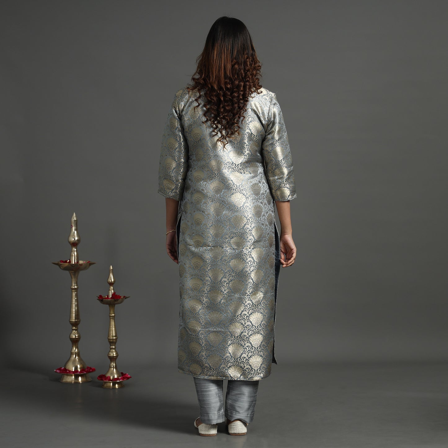 Grey - Elegant Banarasi Brocade Silk Kurta with Pant Set