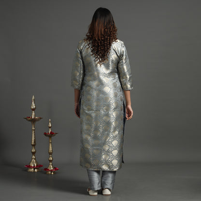 Grey - Elegant Banarasi Brocade Silk Kurta with Pant Set