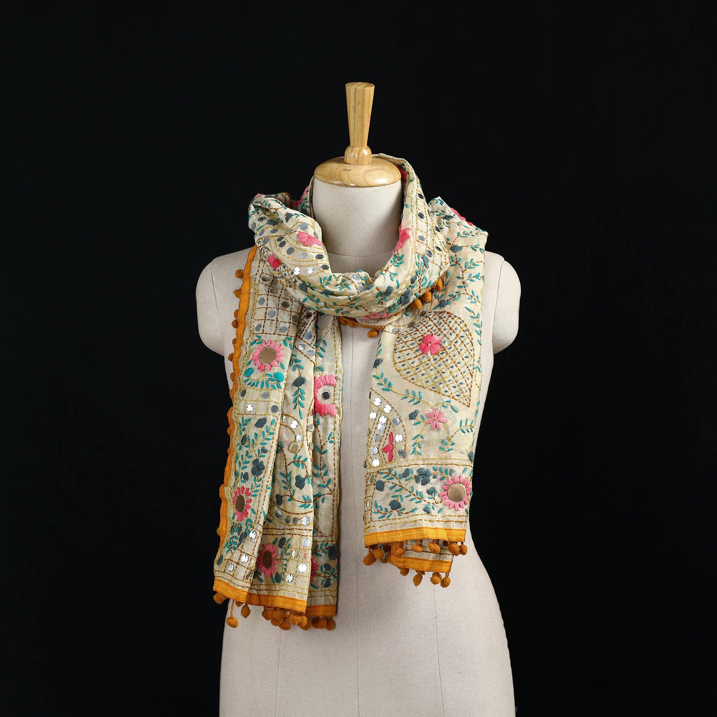 Ranihati Chanderi Silk Hand Embroidered Stole with Pom Pom 285