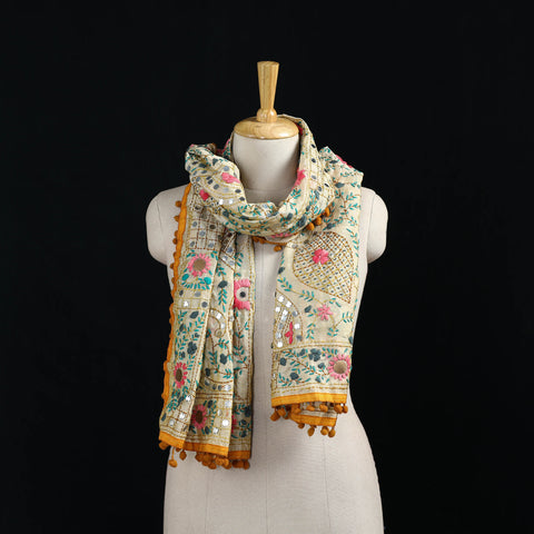 Ranihati Chanderi Silk Hand Embroidered Stole with Pom Pom 285