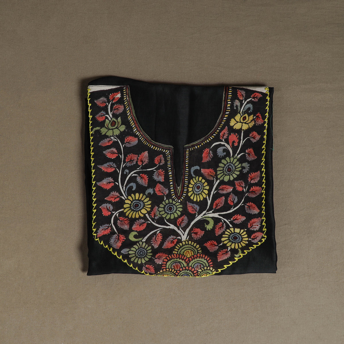 Black - Handpainted Srikalahasti Handloom Chanderi Silk Unstitched Kurta (2.3M) 20