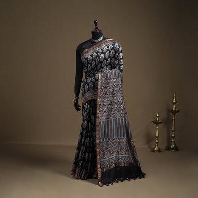 Ajrakh Hand Block Print Natural Dyed Zari Border Chanderi Silk Saree 15