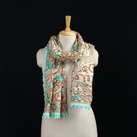 Ranihati Chanderi Silk Hand Embroidered Stole with Pom Pom 286